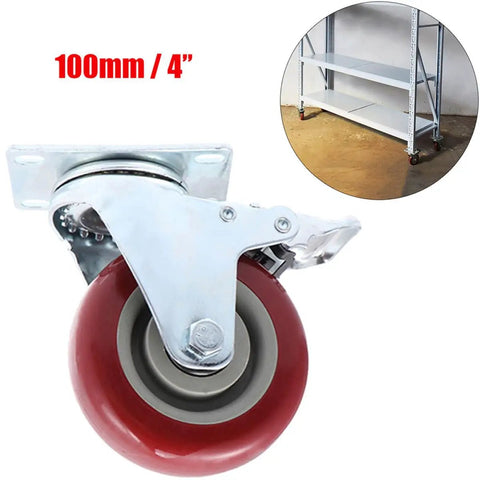 Red TPR Swivel Caster Wheels with Brake 2pcs for Furniture Parts, 100mm wheel diameter, featuring a durable metal bracket.
