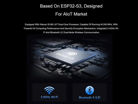 Close-up of ESP32-S3 chip highlighting features for Rugged 8 Channel ESP32 S3 WiFi Relay Module with RS485, PoE, Bluetooth, and more.