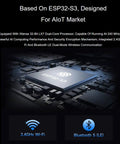 ESP32-S3 chip with 2.4GHz Wi-Fi and Bluetooth 5 features, designed for AIoT market, highlighting computing performance and encryption.