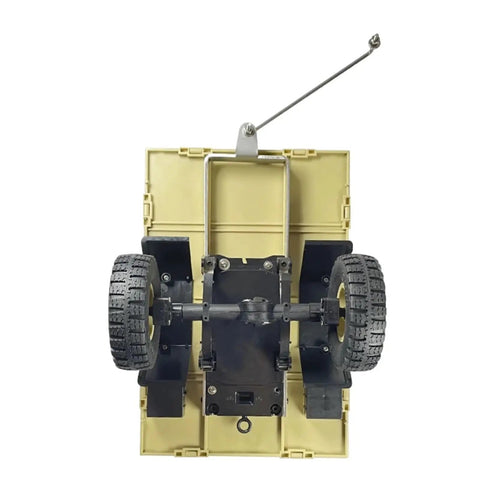 Rock Solid One Twelfth Scale Unimog Rc Truck Cargo Trailer Drop In Replacement Parts Heavy Duty Diy Upgrade Kit underside view with black wheels.