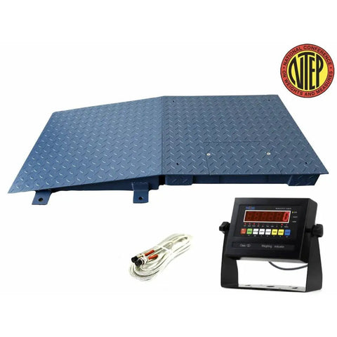 Plug And Play 24 By 24 Floor Scale Featuring Smart Digital Display And Easy Slide Ramp For Commercial Warehouse Shipping NTEP High Capacity Pallet Scale 1000 Lb Heavy Duty with blue diamond plate surface and digital readout.