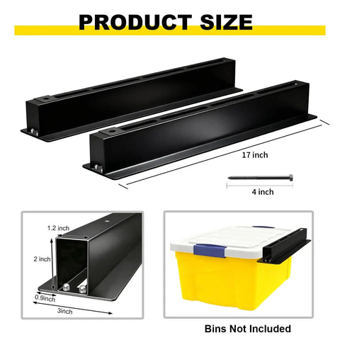 Rugged Overhead Garage Storage Rack Set 6 Pack 17 Inch Adjustable Tote Racks for 27 Gallon Totes shown with dimensions and yellow bin.