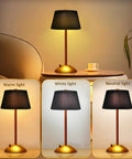 Cordless Metal Desk Lamp With Touch Sensor 3 Way Dimmable LED Table Light Fabric Shade Nightstand Lamp showing light settings.