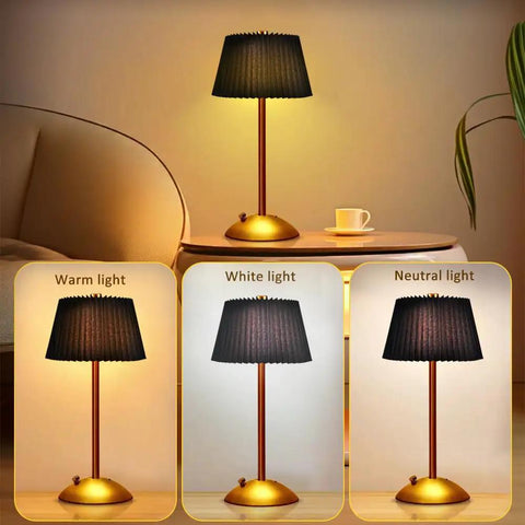 Cordless Metal Desk Lamp With Touch Sensor 3 Way Dimmable LED Table Light Fabric Shade Nightstand Lamp showing light settings.