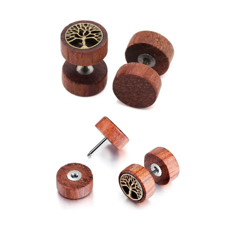 Wooden design from the 8 Pairs 16G And 18G Wood Turquoise And Stainless Steel Fake Ear Gauges Set For Men And Women Punk Barbell Stud Earrings Fake Flesh Ear Tunnels Expander Plugs 00G Look