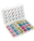 Top Notch 240 Piece Heat Shrink Butt Connector Kit For Crimping Wire Splices And Terminals Including Fork Spade And Ring Assortment Set In AWG 22 To 10 Range Perfect For Any Electrical Project You Might Have On Hand. plastic case with assorted heat shrink wire connectors and ring terminals