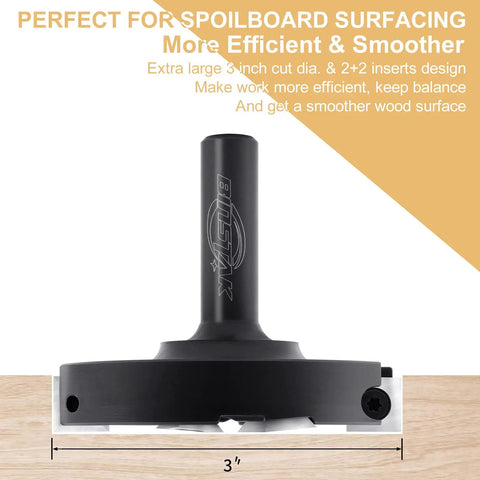 Pro Grade CNC Spoilboard Surfacing Router Bit For Wood With Half Inch Shank And Three Inch Cutting Diameter Two Plus Two Carbide Inserts Slab Flattening Planer Bit For Smooth Spoil Board Planing showing product dimensions.