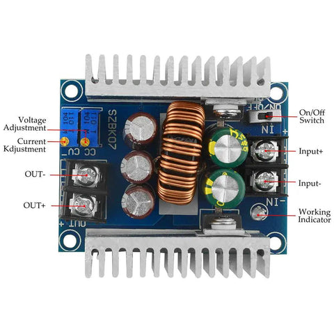 Kickstart Your Builds With This Built Tough 300W 20A Adjustable Buck Converter Step Down Regulator with copper terminals and heat sink.