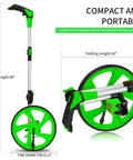 Distance Measuring Wheel With 10K Ft Range, Double Fold Design, shown fully extended and folded, kickstand, TPR tires for traction