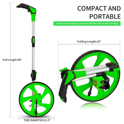 Distance Measuring Wheel With 10K Ft Range, Double Fold Design, shown fully extended and folded, kickstand, TPR tires for traction