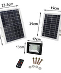 JUDYSSY Solar Flood Lights Outdoor Solar Flood Lights with solar panel dimensions, remote, and accessories for installation.