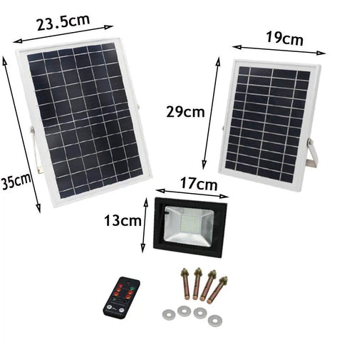 JUDYSSY Solar Flood Lights Outdoor Solar Flood Lights with solar panel dimensions, remote, and accessories for installation.