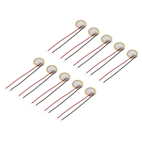 Ten Pack 10mm Piezo Discs For Guitar Pickup Transducers, ultra-thin buzzer film elements with wires, arranged in two rows