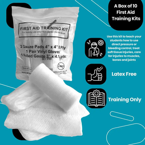Box Of 10 Basic First Aid Training Kits With Gauze Roll And Gauze Pads, Large Vinyl Gloves For Classroom Or Workplace Safety Training And Grab And Go Injury Response. Image shows packaged kit with gauze and gloves.