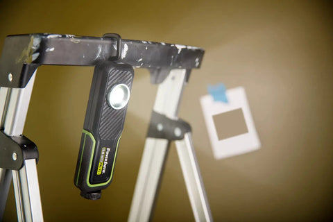 Rechargeable LED Color Match Inspection Light, 500 Lumen, CRI 95, Dual Color Temperatures 5000K and 3500K on metal ladder