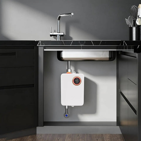 Instant Hot Water Heater Tankless Electric 3000W Wall Mounted under kitchen sink with clear digital display.