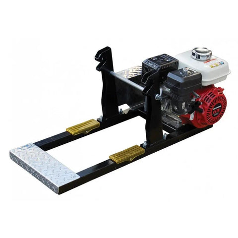 Heavy Duty Ladder Hoist 400 Lb Rating 28 Ft Reach Honda Gas Motor with steel frame and non-slip deck, designed for easy setup.