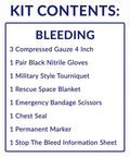 MFASCO Stop The Bleed kit contents label listing gauze, nitrile gloves, tourniquet, rescue blanket, scissors