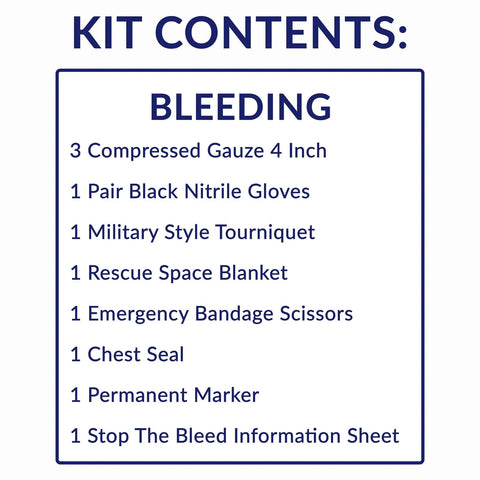 MFASCO Stop The Bleed kit contents label listing gauze, nitrile gloves, tourniquet, rescue blanket, scissors