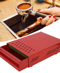 Premium Red Coffee Knock Box For Espresso Grounds With Cushioned Rubber Rod And Antislip Base To Keep Your Bar Setup Slick And Mess Free While You Drop Those Daily Puck Shots Cleanly Every Time, shown in use with espresso portafilter.