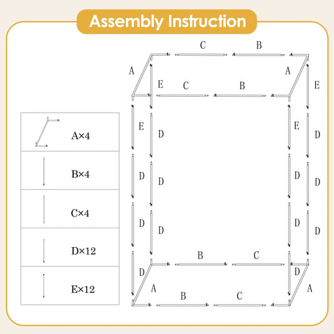 Assembly instructions for Gold Outdoor Metal Arbor Frame Stand 4.95 By 6.56 Ft Backyard Garden Arch Trellis, labeled parts A to E.