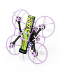 Air65 II Brushless Whoop Micro Drone with purple propeller guards, showing the 1S 65mm build and battery, for indoor FPV racing.
