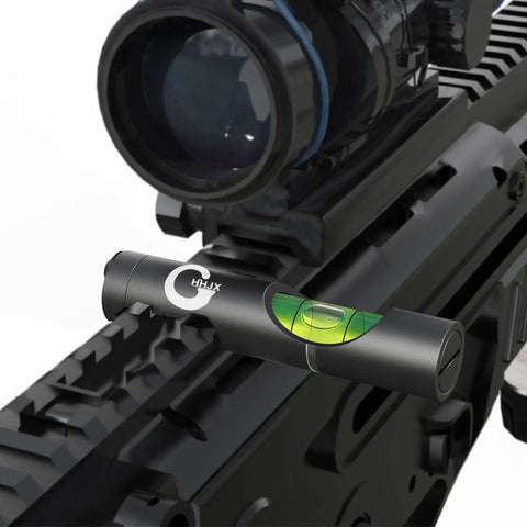 Close-up of 6061 aluminum scope leveling kit with bubble level on Picatinny rail for better rifle accuracy. Level Up Your Rifle With A Durable 6061 Aluminum Scope Leveling Kit And Bubble Level For Picatinny Rails, Easy Mounting, Boosts Long Range Accuracy And Consistency