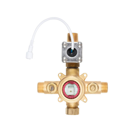 Tru-Temp Pressure Balance Rough-In Valve Trim Kit With LED Temperature Display, brass construction, viewed from above.