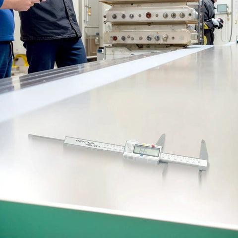 Micpointik Digital Caliper 6 Inch measuring metal sheet with LCD readout in a workshop setting.