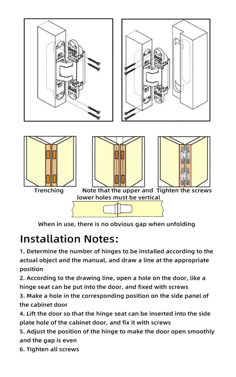 Installation diagram for Two Pack 80Kg Three Way Adjustable Concealed Door Hinge For Wood Doors, showing screw placement steps.