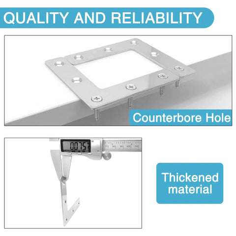 8 Pack L Shaped Corner Brackets Stainless Steel 3.23 X 3.23 Inch 90 Degree Right Angle Mending Plates With 40 Screws Includes 5 Holes Per Bracket For Wood Repair showing counterbore holes and thickness measurement.