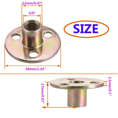 Heavy Duty Screw In Tee Nuts For Furniture Hardware With 3/8-16 Thread Zinc Plated Carbon Steel Frame and dimensions shown.