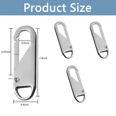 Six Pack Metal Zipper Pull Replacement Handles For Luggage Suitcases Backpacks Jackets Purses And Handbags Instantly Snap On No Tools Needed Durable Silver showing product size.