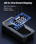 Beefy 6000A Jump Starter With Air Compressor And Tire Inflator Portable Car Jump Box with LCD Display showing features.