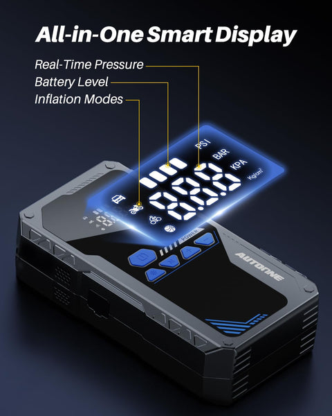 Beefy 6000A Jump Starter With Air Compressor And Tire Inflator Portable Car Jump Box with LCD Display showing features.