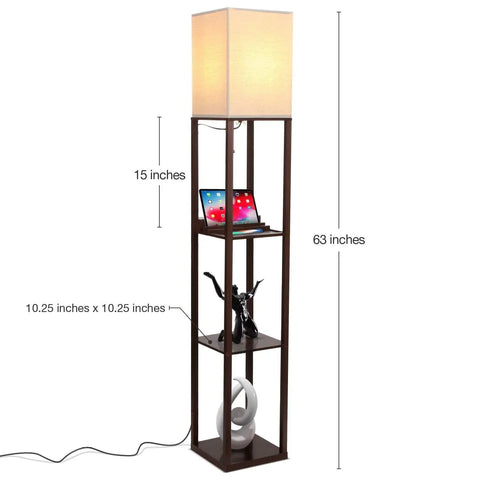 Maxwell Charger Shelf Floor Lamp With USB Ports And Electrical Outlet, Havana Brown, 63-inch with shelves and LED bulb