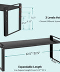 Stack Your Pantry Goods Without A Sweat, 2 Pack Expandable Cabinet Organizer Shelves, Adjustable Space Saving Heavy Duty Metal Storage Rack For Kitchen Cupboards And Under Sink, Sleek Black Finish dimensions with adjustable height and length.