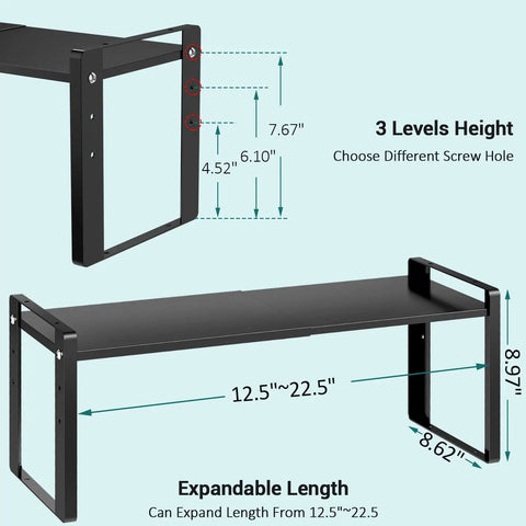Stack Your Pantry Goods Without A Sweat, 2 Pack Expandable Cabinet Organizer Shelves, Adjustable Space Saving Heavy Duty Metal Storage Rack For Kitchen Cupboards And Under Sink, Sleek Black Finish dimensions with adjustable height and length.