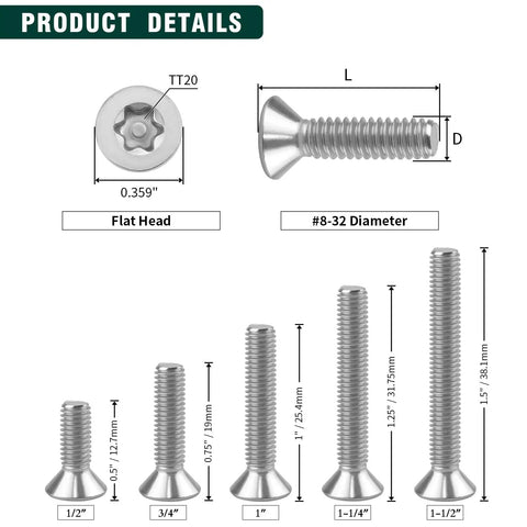 Built Different 304 Stainless Steel Security Torx Screws In Flat Head Design With 100 Pack, showing size dimensions and flat head details.