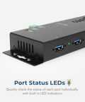 4 Port USB 3.2 Gen 1 Industrial Hub in Rugged Metal Case with screw-lock cable, showing port LEDs and durable design.