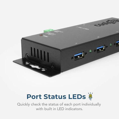 4 Port USB 3.2 Gen 1 Industrial Hub in Rugged Metal Case with screw-lock cable, showing port LEDs and durable design.