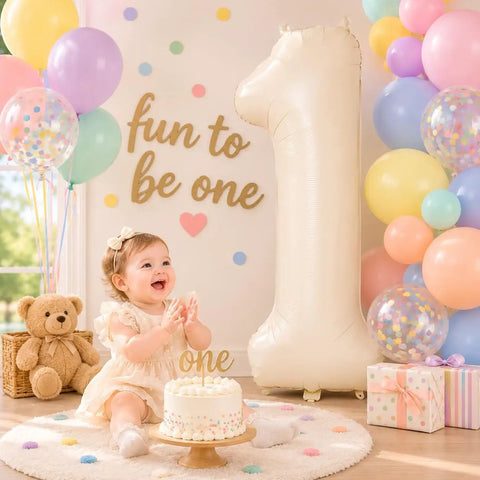 Giant Forty Inch Beige Mylar Foil Number 1 Balloon With Straw For First Birthday And Age Milestone Party Decorations, with cake and child.