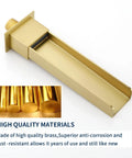 Wall Mount Waterfall Tub Faucet With Extra Long Spout, High Flow Bath Filler, Brushed Gold Finish, close-up of spout detail