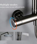 Wall Mounted Thermostatic Shower System Combo Set With 12 Inch Rainfall Head And Handheld Sprayer Temperature Stabilizing Bathroom Faucet Gray Brass Finish showing control knobs and spray options.