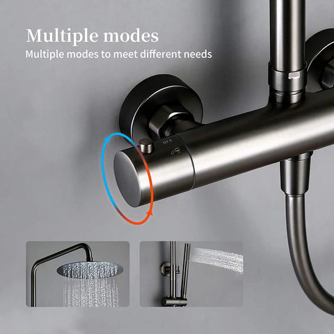 Wall Mounted Thermostatic Shower System Combo Set With 12 Inch Rainfall Head And Handheld Sprayer Temperature Stabilizing Bathroom Faucet Gray Brass Finish showing control knobs and spray options.