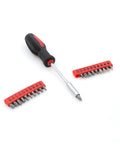 39 Piece Home Tool Kit With Portable Storage Box Your Go To Repair Set For Apartment Home Dorm DIY Projects And Housewarming Gift Includes Hammer Pliers Screwdriver Bits Hex Keys Tape Measure Utility Knife Scissors And More showing screwdriver handle and bits