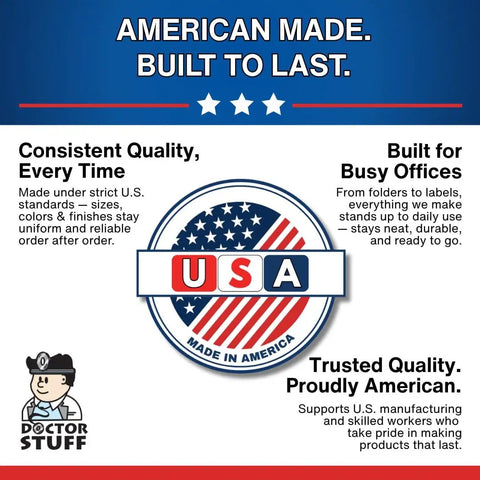 Infographic highlighting USA-made products with consistent quality, durability for offices, and support for American manufacturing.