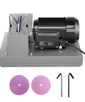 Workhorse Electric Lawn Mower Blade Sharpener Bench Grinder with 7 inch ceramic wheel, steel frame, and accessories.