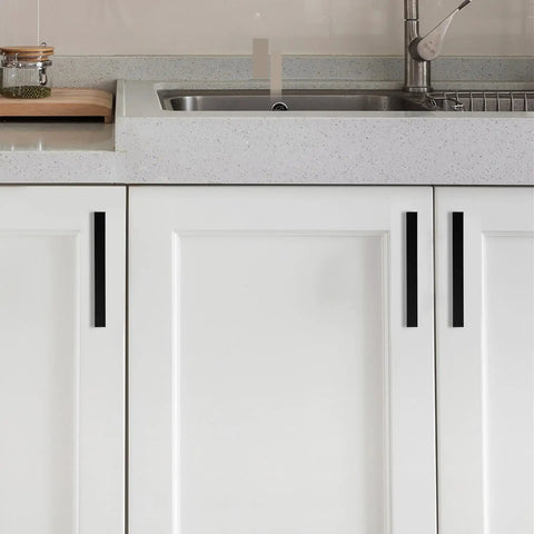 10 Pack 5 Inch Matte Black Kitchen Cabinet Pulls With 128mm Center To Center, 5.5 Inch Length And 1 Inch Projection on white cabinets