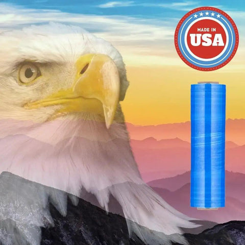 Straight Up Heavy Duty Boss Pack 20 Rolls 20 Inch By 5000 Feet 80 Gauge Tinted Blue Machine Stretch Film Pallet Wrap next to an eagle.